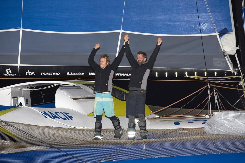 Ultime Macif, skippers Francois Gabart (FRA) and Pascal Bidegorry (FRA), winner of the Ultime category in 12d 17h 29mn 27sec, during the Transat Jacques Vabre sailing race arrivals  on november 07, 2015 in Itajai, Brazil  &copy;  Jean-Marie Liot / DPPI / TJV http://www.transat-jacques-vabre.com/